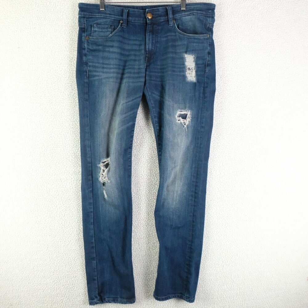 Ed Hardy Jeans Womens 34 Blue Distressed Stone Wash Straight Whiskers Stretch